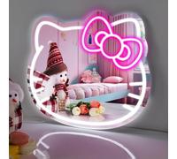 Hello Kit - Specchio cosmetico con luce al neon, 40,6 x 35,6 cm, grande, con luce LED, luminosità regolabile, alimentato tramite USB, fiocco rosa, specchio decorativo per la stanza delle ragazze,