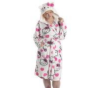 Hello Kitty Accappatoio bianco con cappuccio da donna | Comodo abbigliamento da casa in pile con dettagli rosa e maniche lunghe | Design con personaggi dei cartoni animati