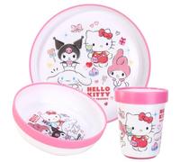 Hello Kitty & Friends - Set da tavola per bambini, 3 pezzi, riutilizzabile, bicolore, con piatto, ciotola e bicchiere, senza BPA