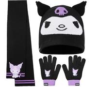 Hello Kitty Kuromi Sanrio Accessori Invernali Ragazza, Berretto Invernale Sciarpa e Guanti Bambina 2 o 3 Pz Set, Taglia Unica, Idea Regali (Nero Kuromi 3 Pz)