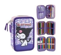 Kuromi - Astuccio doppio Hello Kitty per bambina e bambino, con accessori, 3 scomparti con cerniera e set di cancelleria, colore viola, taglia unica, per il ritorno a scuola