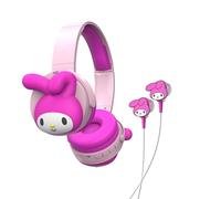 Hello Kitty My Melody - Cuffie Bluetooth wireless 2 in 1 con auricolari cablati, pieghevoli, con microfono integrato, cavo AUX, archetto regolabile e comandi integrati