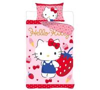 Hello Kitty - Parure da letto per bambini, 100% cotone, copripiumino 100 x 135 cm + federa 40 x 60 cm, reversibile, rosa e fragole