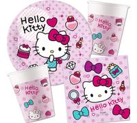Hello Kitty Set Coordinato Tavola per Feste di Compleanno, Include Piatti 23 cm, Bicchieri 200 ml, Tovaglioli 33x33 cm, per 8-16 Persone, Rosa