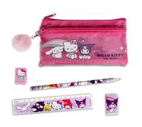 Hello Kitty - Set di cancelleria per bambini, 5 pezzi, con astuccio, matita, righello, gomma e temperino