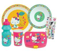 HELLO KITTY - Set di vasi per bambini, con 1 bicchiere da 220 ml, 1 vaschetta per cavalli Ø 16 cm, 1 seduta Ø 22 cm, 1 gola da 350 ml, 1 scatola per gattino e 2 posate H.13,5 cm - Reutyll ISABILI