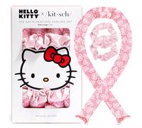 Hello Kitty x Kitsch Set di bigodini in raso senza calore, per ricci morbidi e senza crespo, per dormire, fascia per capelli con asta arricciacapelli, facce di Kitty rosa
