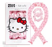Hello Kitty x Kitsch - Set di bigodini in raso, senza calore, per ricci morbidi e senza crespo, senza calore, per dormire, fascia per capelli con asta arricciacapelli, facce rosa