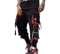 Hello MrLin - Pantaloni Sportivi Cargo da Uomo, Stile Punk e Streetwear, Nero e Rosso., M