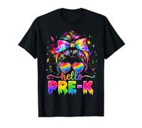 Hello Pre-K Rainbow Messy Bun Teacher Back To School Maglietta