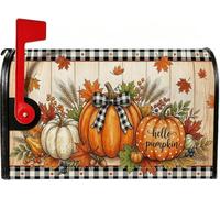 Hello Pumpkins Harvest - Coperture magnetiche per cassetta postale | Accenti scozzesi di bufalo, involucri per cassette postali, sfondo rustico con venature del legno, tema raccolto