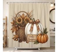 Hello Pumpkins - Tenda da doccia con citazione autunnale, 157,5 x 183 cm | Centrotavola rustico, accenti di nastro scozzese, dettagli di girasole e pigne, estetica del raccolto della fattoria