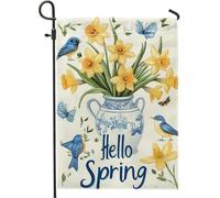 Hello Spring - Bandiera da giardino con narciso giallo, decorazione per la casa e il giardino, bandiera da giardino in iuta su entrambi i lati, 30,5 x 45,7 cm