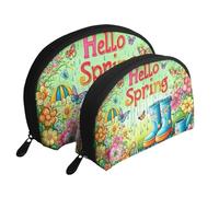 Hello Spring - Beauty case da viaggio con motivo floreale e ombrello, 2 pezzi, portatile, da viaggio, bianco, Taglia unica