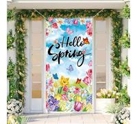 Hello Spring, copertura per porta colorata con fiori e farfalle, sfondo a tema primavera per casa, feste, decorazioni per interni ed esterni, oggetti di scena per foto (91,4 x 183 cm)