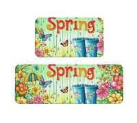 Hello Spring - Set di 2 tappeti da cucina da giardino con fiori e ombrelli, in legno, antiscivolo, anti affaticamento, tappetini lunghi per casa e ufficio