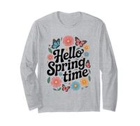 Hello Spring Time Floral Tipografia Design Maglia a Manica