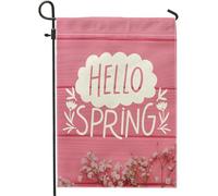 Hello SPring Word - Bandiera da giardino in legno con motivo artistico e bellissimo pannello floreale in lino rosa, decorazione da parete per esterni, terrazza, giardino, interni, dimensioni standard