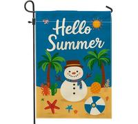 Hello Summer - Bandiera da giardino con pupazzo di neve, decorazione tropicale blu da spiaggia, striscione per esterni in iuta su entrambi i lati, decorazione stagionale per prato, per feste di festa