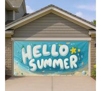 Hello Summer Copertura per porta del garage, decorazione tropicale luminosa per spiaggia, design divertente e giocoso, tema oceano blu, decorazione estiva per esterni e interni, 390 x 180 cm