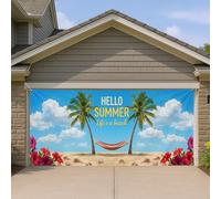 Hello Summer Copertura per porta del garage, scena tropicale sulla spiaggia con palme e fiori di ibisco, decorazione estiva per esterni per la casa, 390 x 180 cm