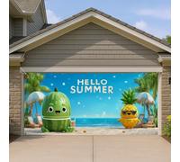 Hello Summer Copertura per porta del garage, simpatico design con anguria e ananas, verde brillante e giallo, decorazioni per esterni, decorazione per feste estive in spiaggia, 390 x 180 cm