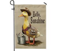 Hello Sunshine - Bandiera da giardino a forma di anatra, simpatica decorazione per esterni con animali della fattoria gialla, striscione in iuta su entrambi i lati, per primavera ed estate