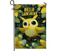 Hello Sunshine - Bandiera da giardino a forma di gufo, decorazione per esterni con uccelli gialli e foglie, in iuta naturale su entrambi i lati, per primavera ed estate, decorazione per prato per la