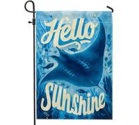 Hello Sunshine Bandiera da giardino blu Manta Ray, decorazione marina oceanica, bandiera da cortile in iuta su entrambi i lati, per decorazione estiva all'aperto del prato, striscione con creature