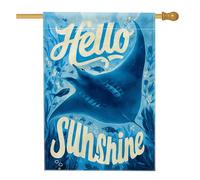 Hello Sunshine Bandiera da giardino blu Manta Ray, decorazione marina oceanica, bandiera da cortile in iuta su entrambi i lati per decorazione estiva all'aperto del prato, striscione con creature