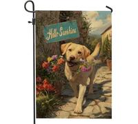 Hello Sunshine - Bandiera da giardino con cane da laboratorio giallo, decorazione floreale per esterni, double face, decorazione estiva per prato, cartello di benvenuto per cortile di casa, 30,5 x