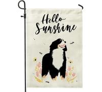 Hello Sunshine - Bandiera da giardino con cane da montagna del Bernese nero, striscione floreale per la casa, in iuta su entrambi i lati, decorazione per prato all'aperto, primavera estate e animali