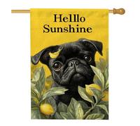 Hello Sunshine Bandiera da giardino con carlino, decorazione per cani gialli per prato estivo all'aperto, striscione a molla in iuta su entrambi i lati, decorazione per cortile a tema animale carino