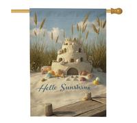 Hello Sunshine - Bandiera da giardino con castello di sabbia, in iuta ispirata alla spiaggia, per decorazione estiva all'aperto, decorazione per prato su entrambi i lati con conchiglie, 71 x 101 cm