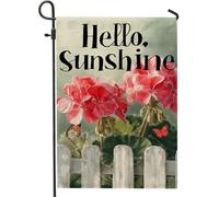 Hello Sunshine - Bandiera da giardino con gerani rossi, decorazione per esterni, striscione floreale primaverile su entrambi i lati, vivace decorazione per la casa estiva 30,5 x 45,7 cm