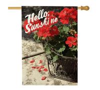 Hello Sunshine Bandiera da giardino con gerani rossi, striscione decorativo floreale estivo luminoso per la casa, decorazione per esterni in iuta su entrambi i lati, per accogliere gli ospiti, 71 x