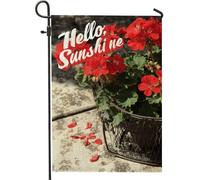 Hello Sunshine Bandiera da giardino con gerani rossi, striscione decorativo floreale estivo luminoso per la casa, decorazione per esterni in iuta su entrambi i lati, per accogliere gli ospiti, 30,5 x