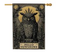 Hello Sunshine - Bandiera da giardino con gufo, decorazione per esterni nera e oro per tutte le stagioni, striscione da cortile in stile vintage, decorazione per prato su entrambi i lati, 71 x 101 cm