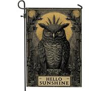 Hello Sunshine - Bandiera da giardino con gufo, decorazione per esterni nera e oro per tutte le stagioni, striscione da cortile in stile vintage, decorazione per prato su entrambi i lati, 30,5 x 45,7