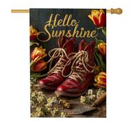 Hello Sunshine - Bandiera da giardino con stivali vintage rossi con tulipani, decorazione primaverile per esterni, striscione floreale su entrambi i lati per decorazione del prato, 71 x 101 cm