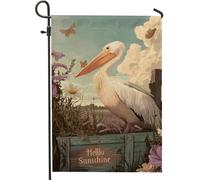 Hello Sunshine Bandiera da giardino con uccelli costieri, motivo floreale con farfalle beige, decorazione estiva per la casa all'aperto, striscione su entrambi i lati, decorazione per prato a tema