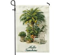 Hello Sunshine - Bandiera da giardino, palma tropicale verde, decorazione per la casa, decorazione estiva per esterni, per prato, portico, cortile, 30,5 x 45,7 cm