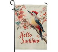 Hello Sunshine - Bandiera da giardino primaverile con uccelli e fiori, decorazione per esterni su entrambi i lati, ideale per la casa e le feste di festa, 30,5 x 45,7 cm