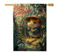 Hello Sunshine - Bandiera da giardino, simpatico criceto che pesca nella natura, decorazione colorata primaverile per esterni, striscione su entrambi i lati per la decorazione della casa, 71 x 101 cm
