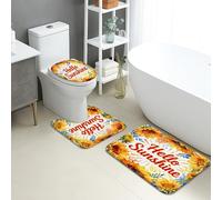 Hello Sunshine - Set di 3 tappetini da bagno con vivaci motivi floreali, assorbenti, antiscivolo, a forma di U, lavabili, in flanella, ad asciugatura rapida