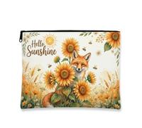 Hello Sunshine - Trousse per cosmetici, vintage, floreale, con volpi e girasoli, organizer portatile in tela con cerniera per donne, beauty case da viaggio primaverile, Giallo, 7x9 Inch, Volpi