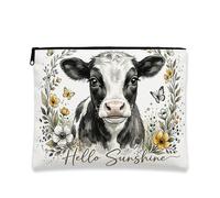 Hello Sunshine - Trousse per trucchi con mucca, vintage, floreale, per donne, organizer portatile in tela con cerniera, borsa da toilette da viaggio primaverile, bianco, 7x9 Inch, Mucca