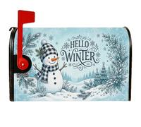 Hello Winter - Coperture magnetiche per cassetta postale con citazione di | Sciarpa a quadri di bufalo, copertura per cassetta delle lettere, paesaggio innevato, aghi di pino, decorazione stagionale