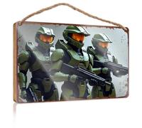 Hello Winter Sign Three Halo Spartans In Green Armor Holding Guns Cartello di legno per esterni per portico autunno ufficio decorazione (23 x 35 cm)