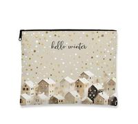 Hello Winter - Trousse da viaggio per cosmetici, con case beige e pois dorati, piccola borsa portatile in tela con cerniera, borsa da toilette per la cura della pelle, Beige, 7x9 Inch, Inverno